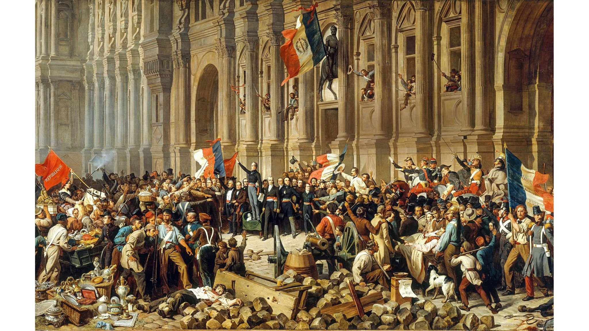 Siegreiche Aufständische versammeln sich Ende Februar 1848 vor dem Pariser Rathaus