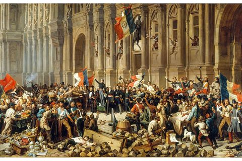 Siegreiche Aufständische versammeln sich Ende Februar 1848 vor dem Pariser Rathaus