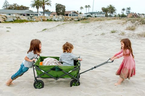 Drei Kinder mit einem faltbaren Bollerwagen am Strand.