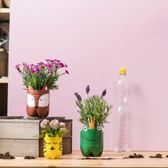 Selbstgemachte Blumentöpfe aus Plastikflaschen mit Tiermotiven