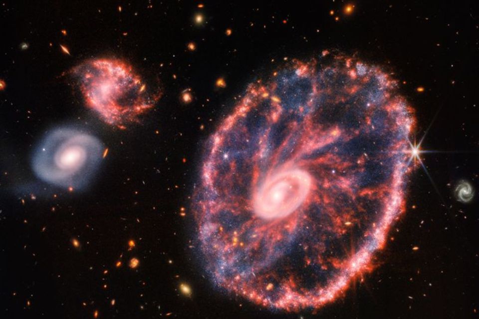 Große, rosa-blau gesprenkelte Galaxie, fotografiert vom "James Webb" Teleskop