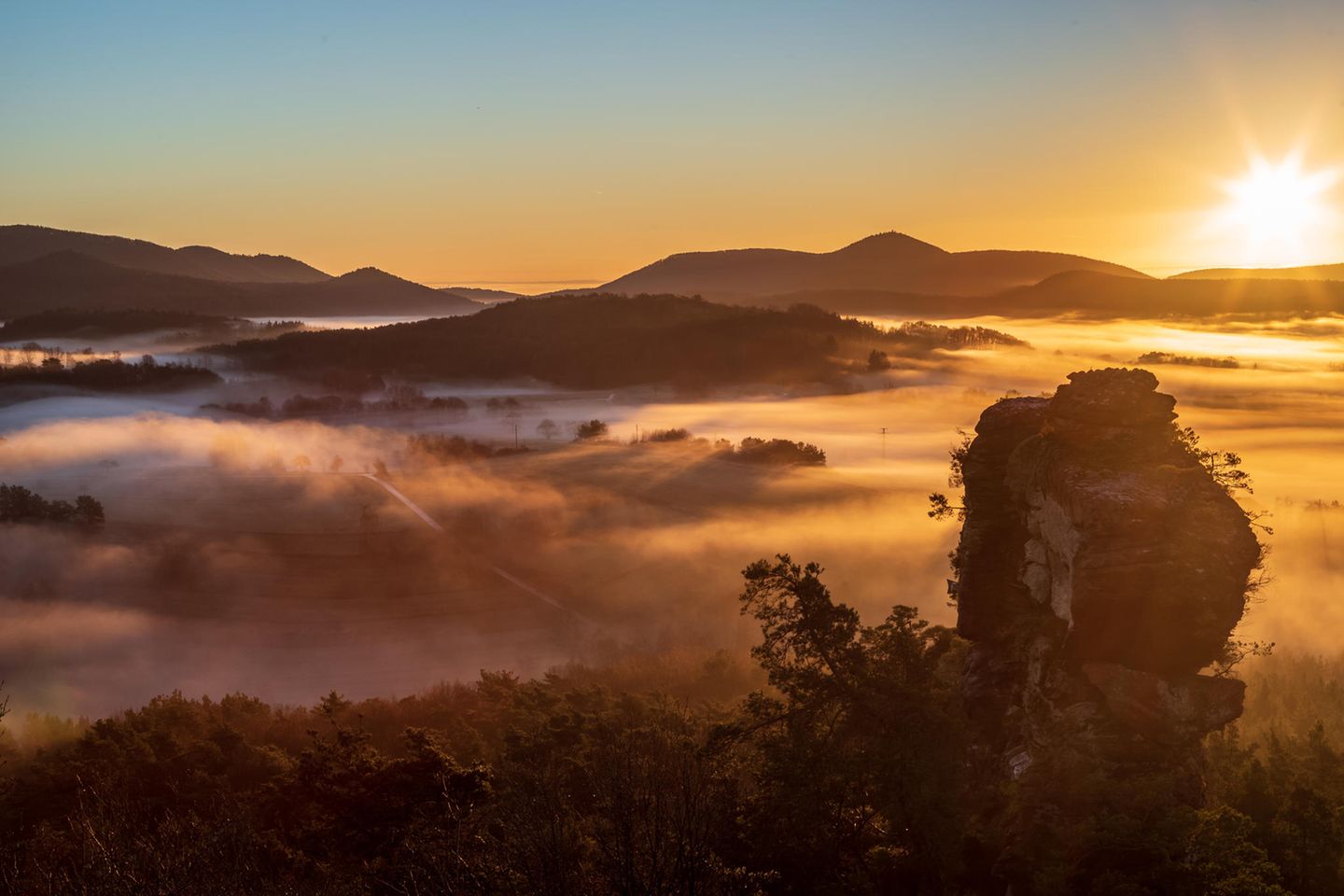 Pfälzerwald: Wandern im größten zusammenhängenden Waldgebiet Deutschlands Ein Sandsteinfelsen über dem Pfälzerwald