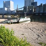 Eine Fähre liegt am Hafen in Mannheim