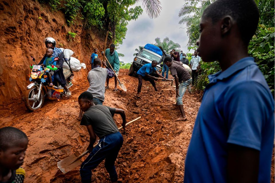 Arbeiter versuchen, einen Weg in der Wildnis befahrbar zu machen. Manche Dörfer in der Demokratischen Republik Kongo lassen sich nur schwer erreichen. Ein Grund, weshalb das rettende Medikament gegen die Flussblindheit bei vielen Patienten nicht ankommt