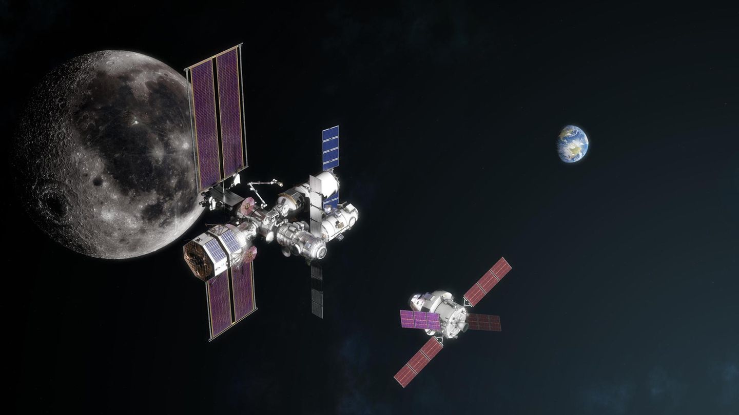 Die Nasa hat das Raumfahrzeug "Orion" (rechts) entwickelt. Langfristig soll es Menschen zu einer geplanten Raumstation am Mond (links) bringen