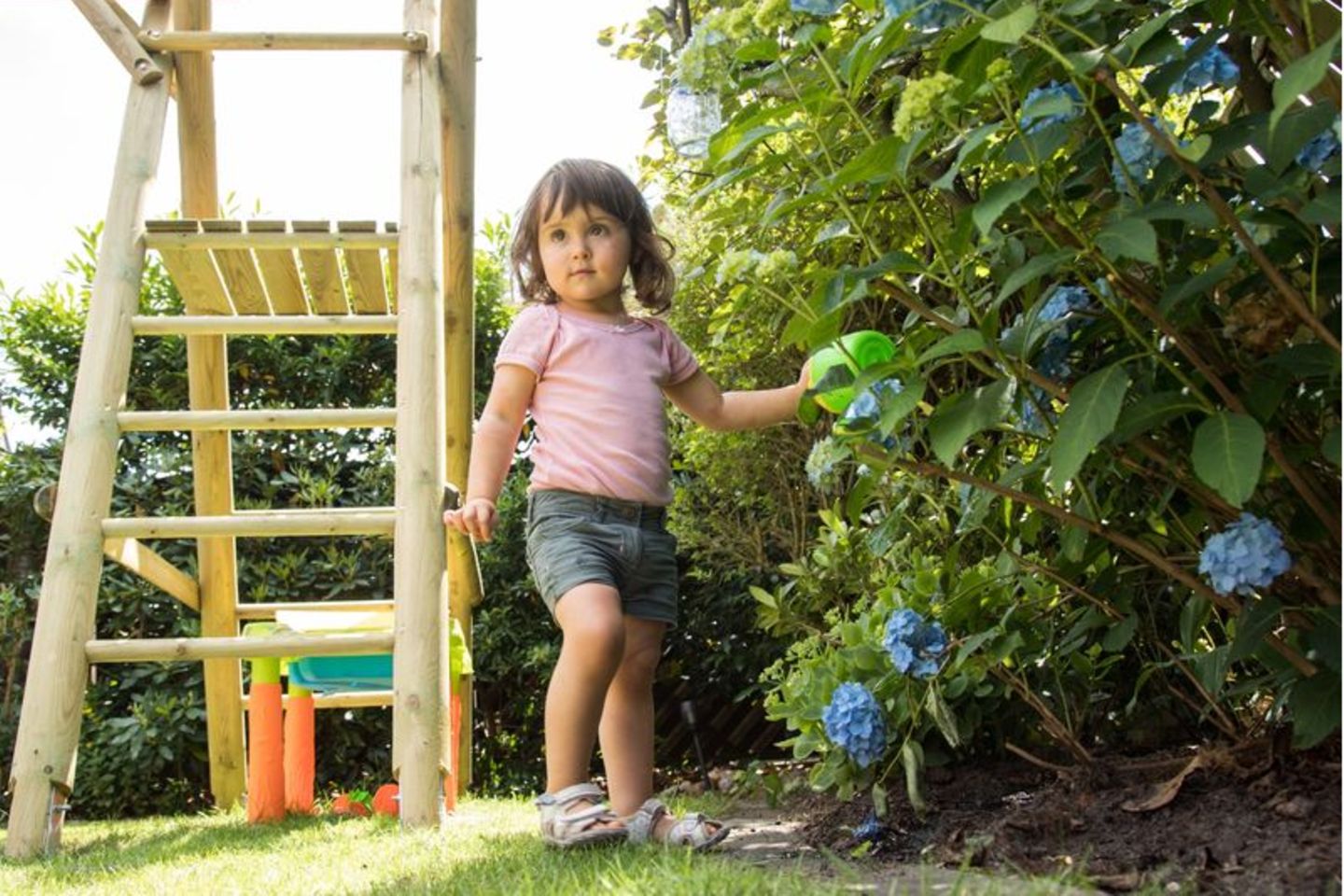 Kleines Mädchen in einem Garten mit Hortensien und Klettergerüst