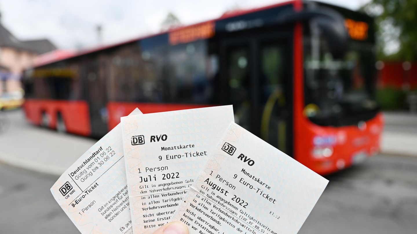 Eine Frau hält drei 9-Euro-Tickets für die Monate Juni, Juli und August vor einem Bus des PNV hoch