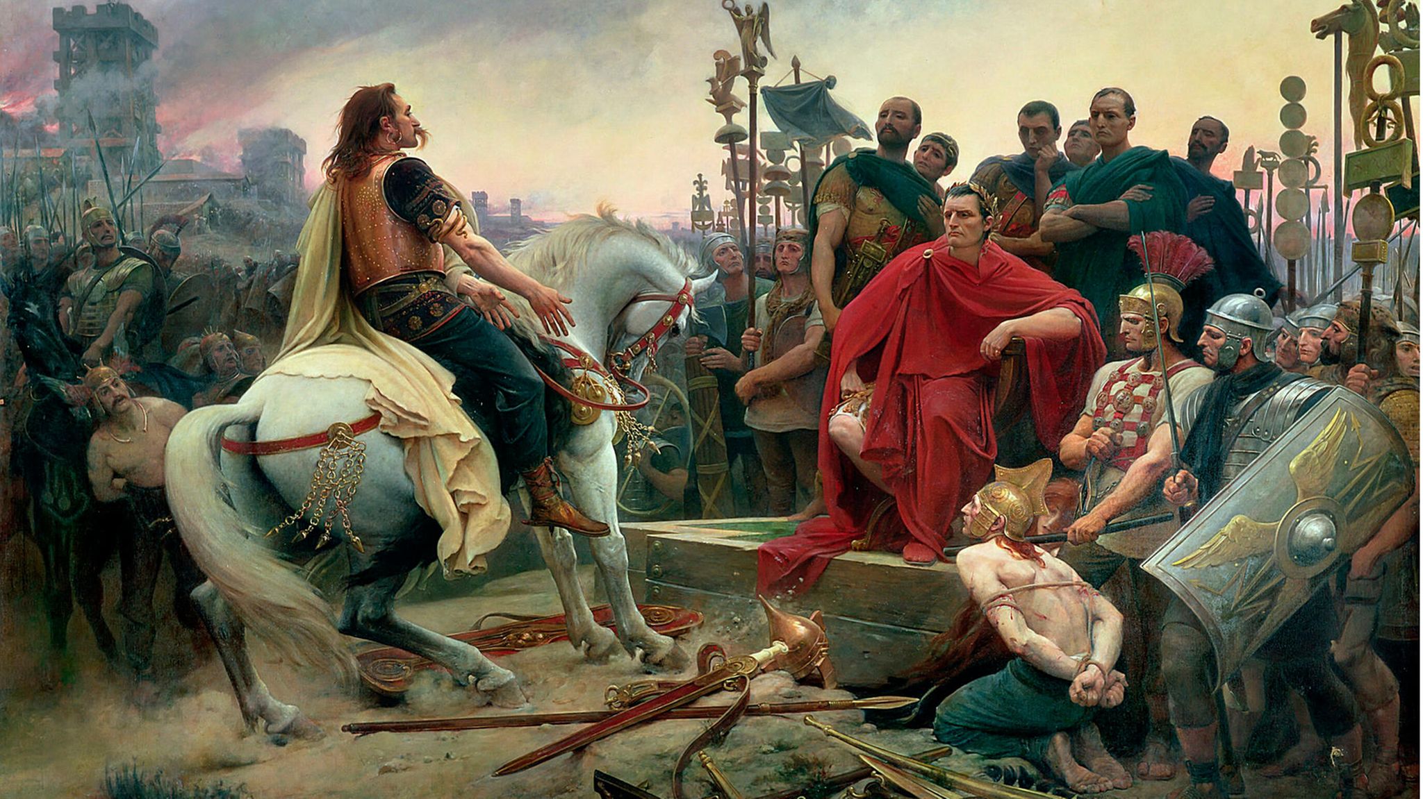 Chancenlos: Der gallisch-keltische Fürst Vercingetorix (l.) muss sich Caesars Übermacht beugen und seine Waffe niederlegen. Im Gallischen Krieg erobert der römische Feldherr Gallien und stößt von hier aus in jenes Gebiet vor, das er später "Germanien" nennen wird (Darstellung von 1899)