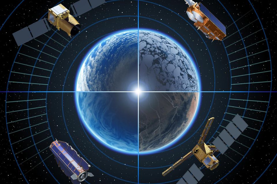 Mit der "Earth Explorer"-Flotte nimmt die Esa die Erde auf unterschiedliche Weise in den Blick: "Aeolus" (oben links) erforscht die Dynamik der Erdatmosphäre, "Cryosat-2" (oben rechts) erfasst die planetaren Eismassen, "Smos" (unten rechts) untersucht Bodenfeuchte sowie den Salzgehalt der Meere, "Goce" (unten links) bestimmte das Erdschwerefeld
