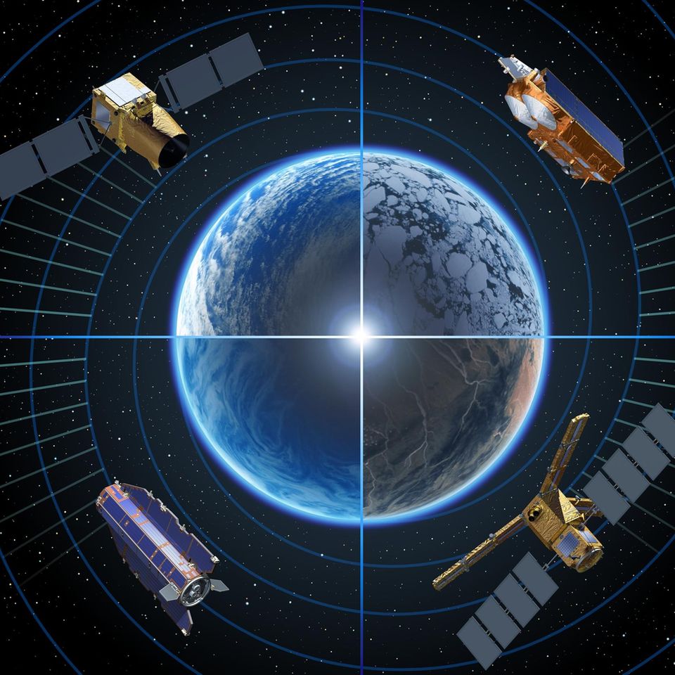 Mit der "Earth Explorer"-Flotte nimmt die Esa die Erde auf unterschiedliche Weise in den Blick: "Aeolus" (oben links) erforscht die Dynamik der Erdatmosphäre, "Cryosat-2" (oben rechts) erfasst die planetaren Eismassen, "Smos" (unten rechts) untersucht Bodenfeuchte sowie den Salzgehalt der Meere, "Goce" (unten links) bestimmte das Erdschwerefeld