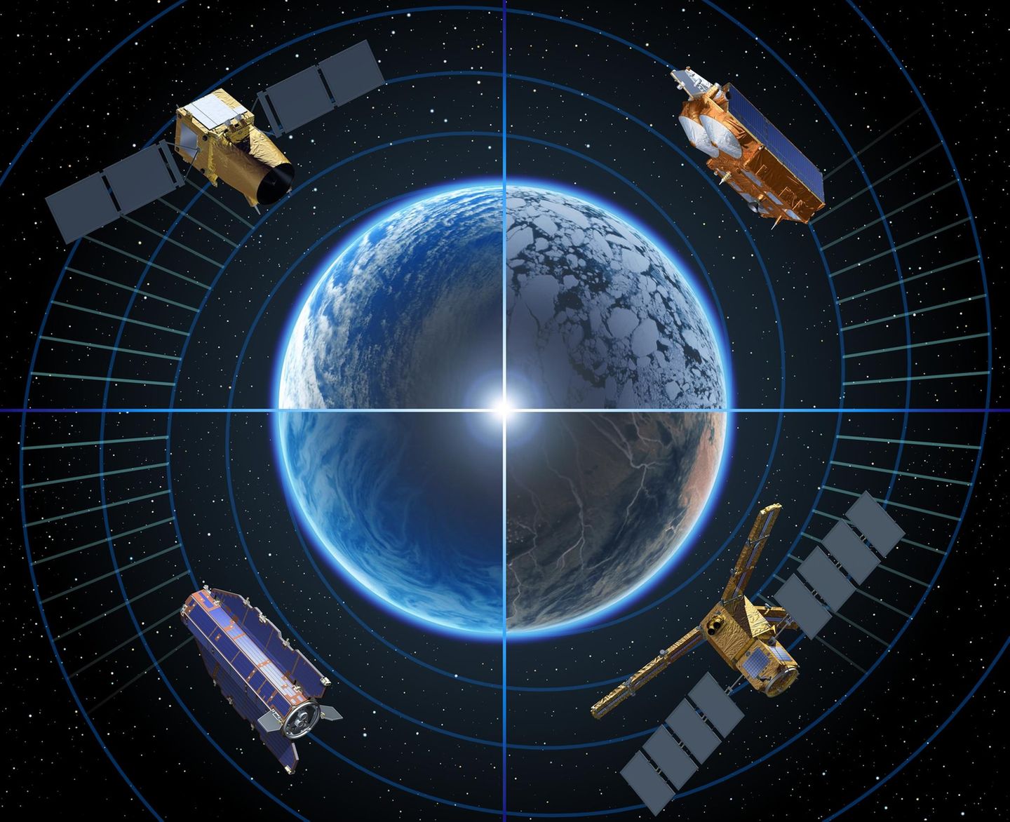 Mit der "Earth Explorer"-Flotte nimmt die Esa die Erde auf unterschiedliche Weise in den Blick: "Aeolus" (oben links) erforscht die Dynamik der Erdatmosphäre, "Cryosat-2" (oben rechts) erfasst die planetaren Eismassen, "Smos" (unten rechts) untersucht Bodenfeuchte sowie den Salzgehalt der Meere, "Goce" (unten links) bestimmte das Erdschwerefeld