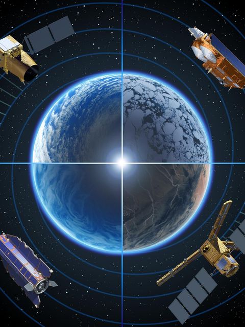 Mit der "Earth Explorer"-Flotte nimmt die Esa die Erde auf unterschiedliche Weise in den Blick: "Aeolus" (oben links) erforscht die Dynamik der Erdatmosphäre, "Cryosat-2" (oben rechts) erfasst die planetaren Eismassen, "Smos" (unten rechts) untersucht Bodenfeuchte sowie den Salzgehalt der Meere, "Goce" (unten links) bestimmte das Erdschwerefeld