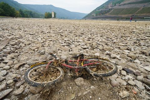 Extreme Trockenheit führte im Sommer 2022 zu einem dramatischen Sinken des Rheinpegels (hier bei Bingen/Rheinland-Pfalz)