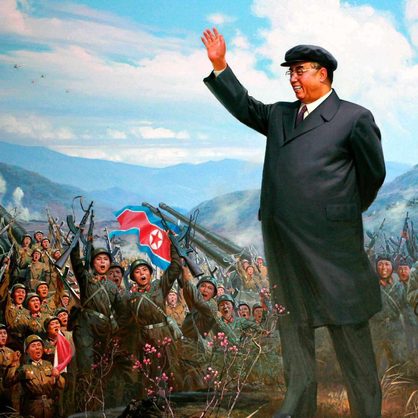 Propagandaplakat: Kim Il-sung (l.) und sein Sohn und Nachfolger Kim Jong-il lassen sich als Staatenlenker darstellen, die von den Soldaten gefeiert werden