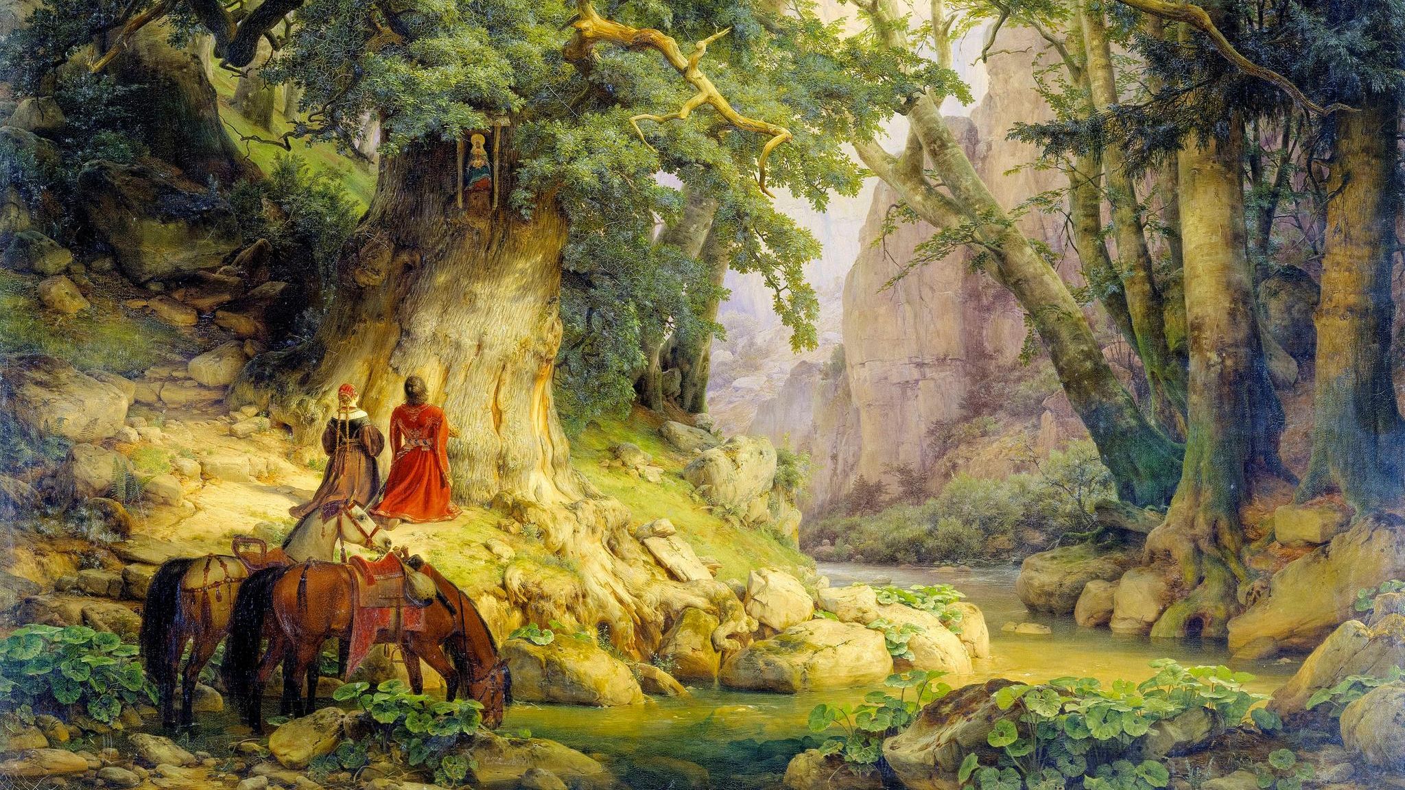 Der Wald als Sehnsuchtsort: Während der Romantik zeichneten Künstler den Wald als märchenhafte Idylle, hier "Die tausendjährige Eiche" von Carl Friedrich Lessing (1837)