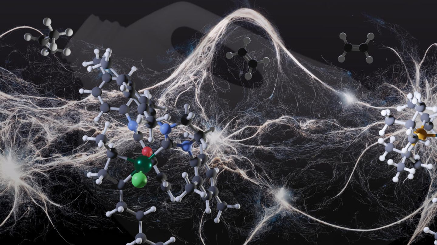 Ein neues Verfahren namens isomerisierende Ethenolyse schafft es, Polyethylenkunststoffe, wie den im Hintergrund gezeigten Milchkanister, zu Propylen abzubauen – dem Baustein für einen anderen Kunststoff, Polypropylen. In der Grafik werden Polyethylenketten (lange netzartige Stränge, die auf molekularer Ebene durch die Kugel-Stab-Figuren dargestellt werden) zunächst durch einen Metallkatalysator (grüne Kugeln) in Gegenwart von Ethylen (oben links) in einer bekannten Reaktion gespalten