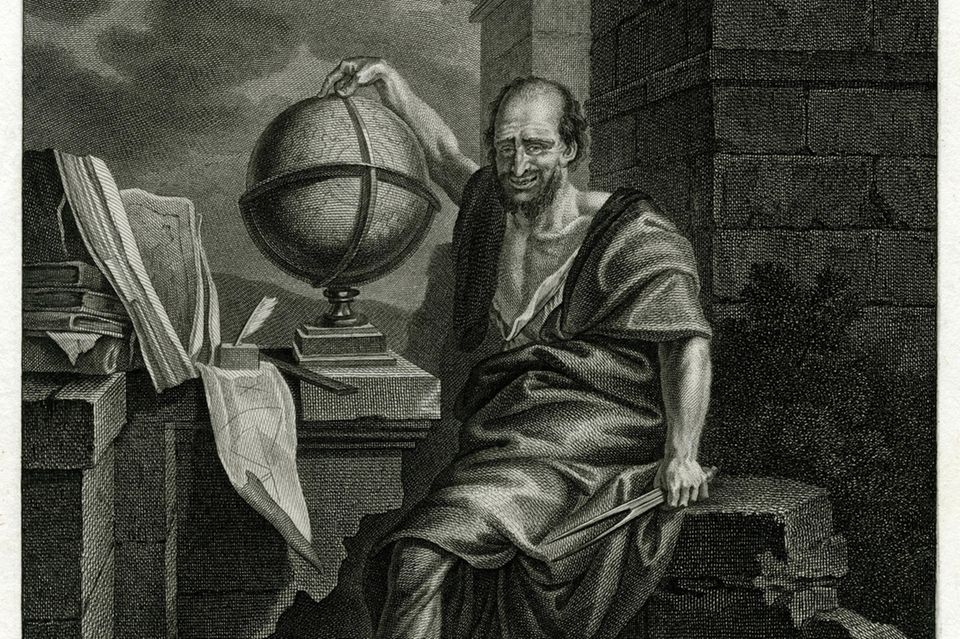 Demokrit, griechischer Philosoph mit Globus