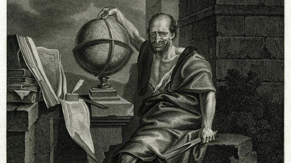 Demokrit, griechischer Philosoph mit Globus Demokrit, griechischer Philosoph mit Globus