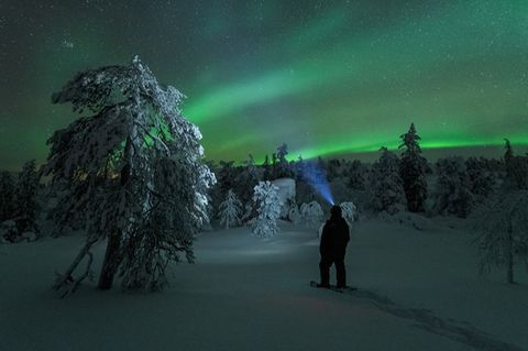 Polarlichter am Himmel und ein Mensch von hinten mit Stirnlampe in verschneiter Landschaft