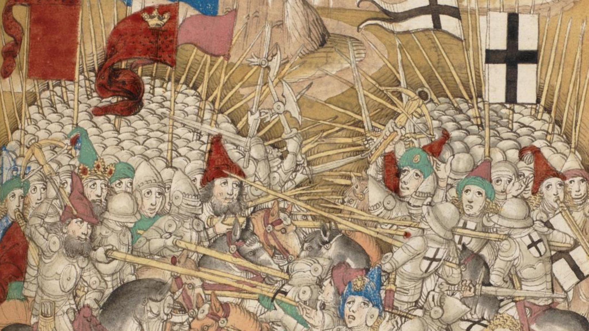 Am frühen Vormittag des 15. Juli 1410 entbrennt zwischen den Ortschaften Tannenberg und Grunwald (im heutigen Nordosten Polens) das Gefecht: Polnisch-litauische Truppen (links) stoßen auf das Heer des Deutschen Ordens (Buchmalerei von 1484/85)