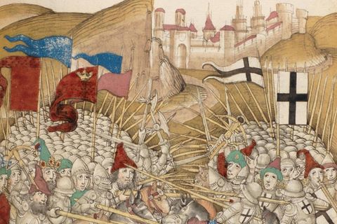 Am frühen Vormittag des 15. Juli 1410 entbrennt zwischen den Ortschaften Tannenberg und Grunwald (im heutigen Nordosten Polens) das Gefecht: Polnisch-litauische Truppen (links) stoßen auf das Heer des Deutschen Ordens (Buchmalerei von 1484/85)