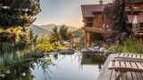 Naturpool mit Blick auf die Berge, auf der rechten Seite steht ein großes Haus aus Holz