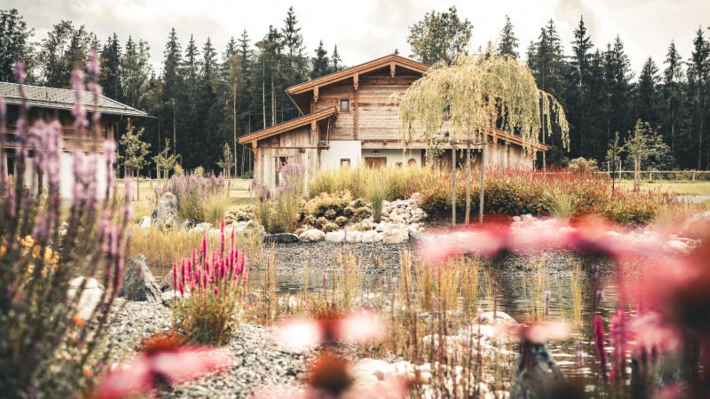 Kategorie Nachhaltig: Gute Steinbach im Chiemgau, Deutschland Mit Holz verkleidetes Haus hinter dem Tannen stehen
