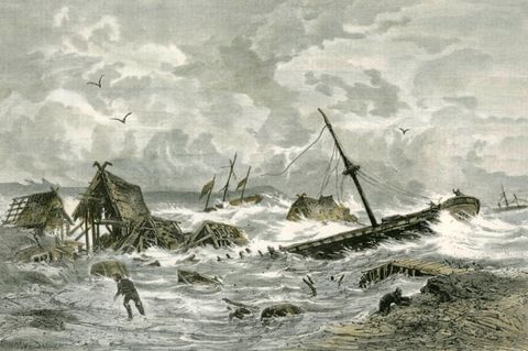 Den Wassermassen ausgeliefert: Haffkrug nördlich von Travemünde ist einer der Orte an der deutschen Küste, die besonders schwer von der Sturmflut 1872 getroffen werden