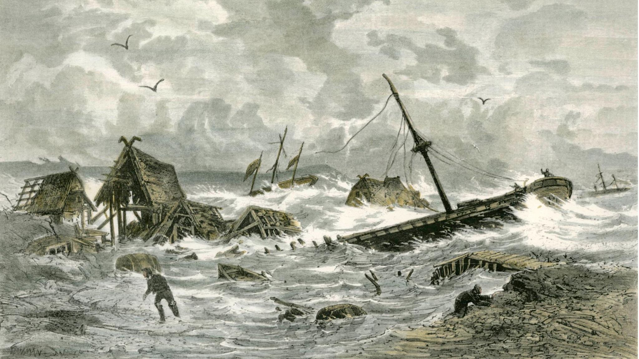 Den Wassermassen ausgeliefert: Haffkrug nördlich von Travemünde ist einer der Orte an der deutschen Küste, die besonders schwer von der Sturmflut 1872 getroffen werden