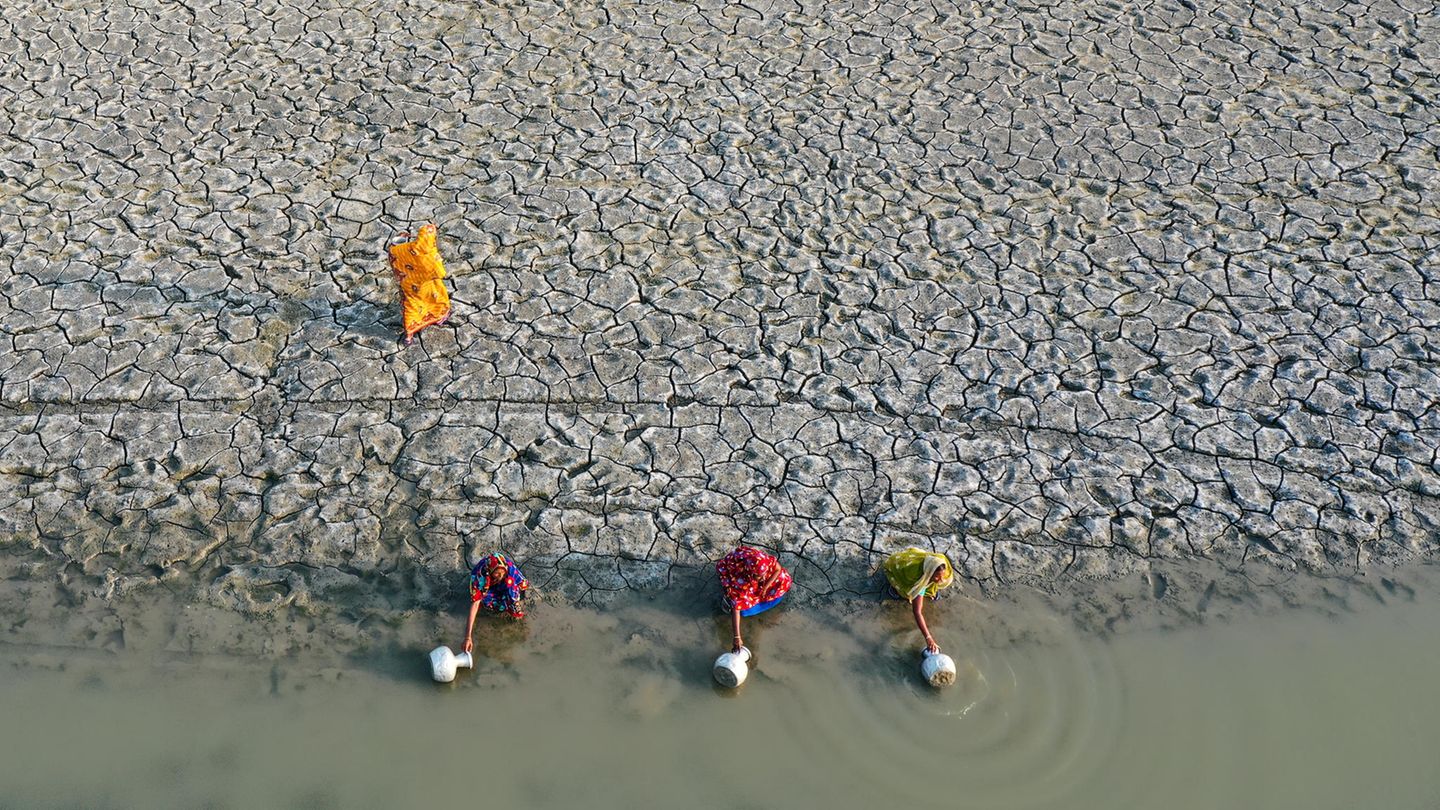 Frauen der Gabura Union in den Sundarbans von Bangladesch sammeln Wasser