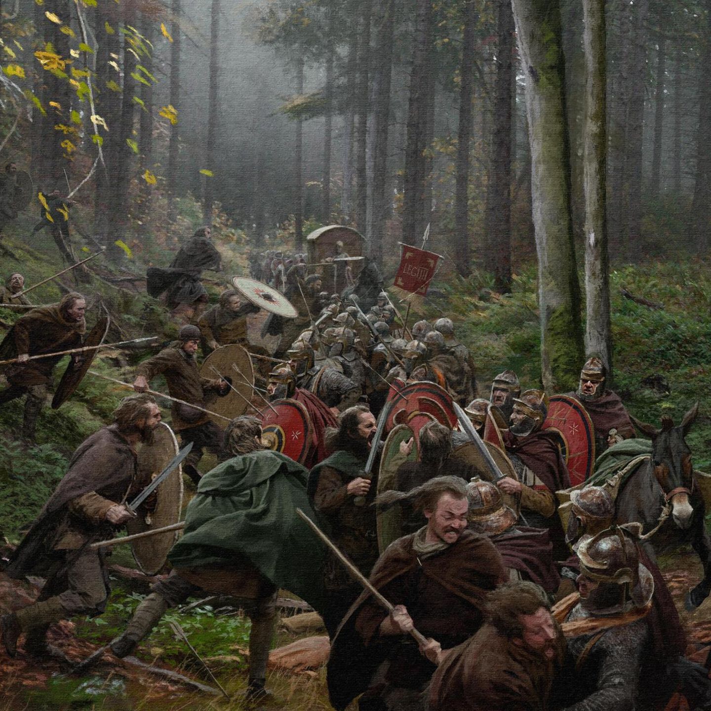 Hinterhalt am Harzhorn: Im Jahr 235 stürzen germanische Krieger aus dem Wald und überrumpeln erfolgreich einen Trupp der römischen Armee