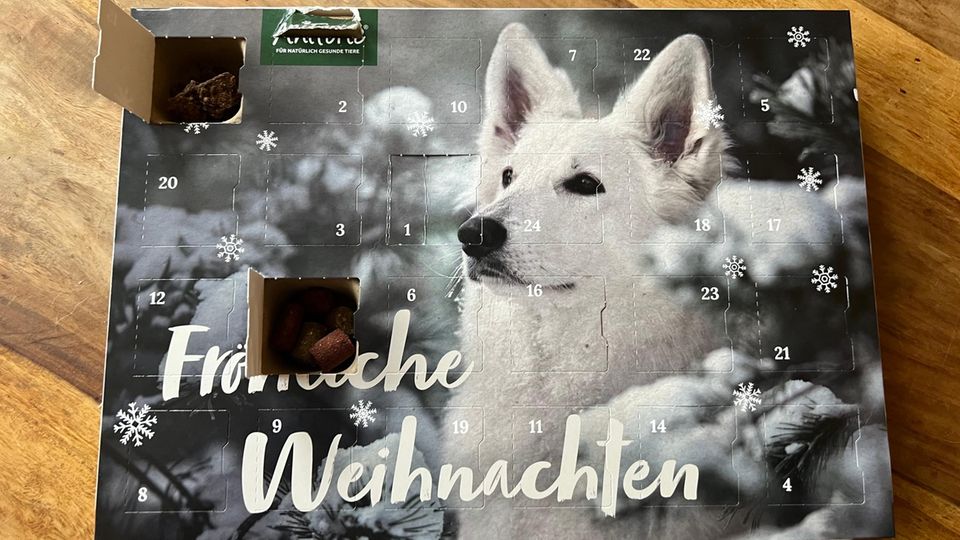Ein Adventskalender für Hunde liegt auf dem Tisch.