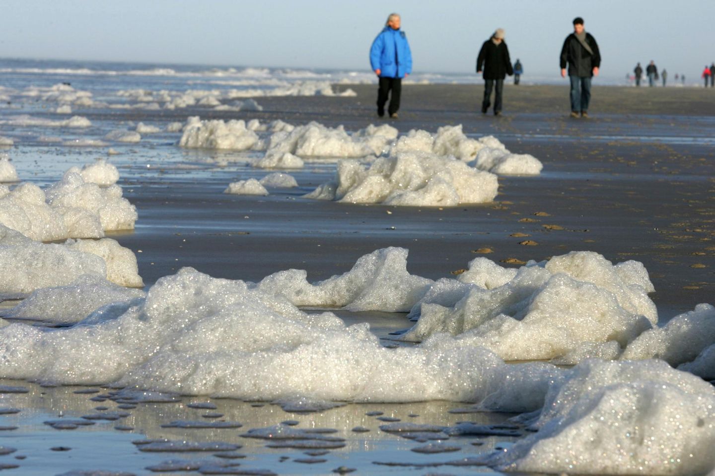 Schaum am Strand der Nordsee tritt vor allem im Frühjahr auf. Er ist die Folge einer Algenblüte