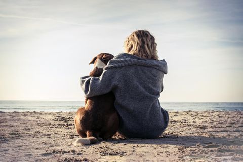 Hund und Frau sitzen am Strand