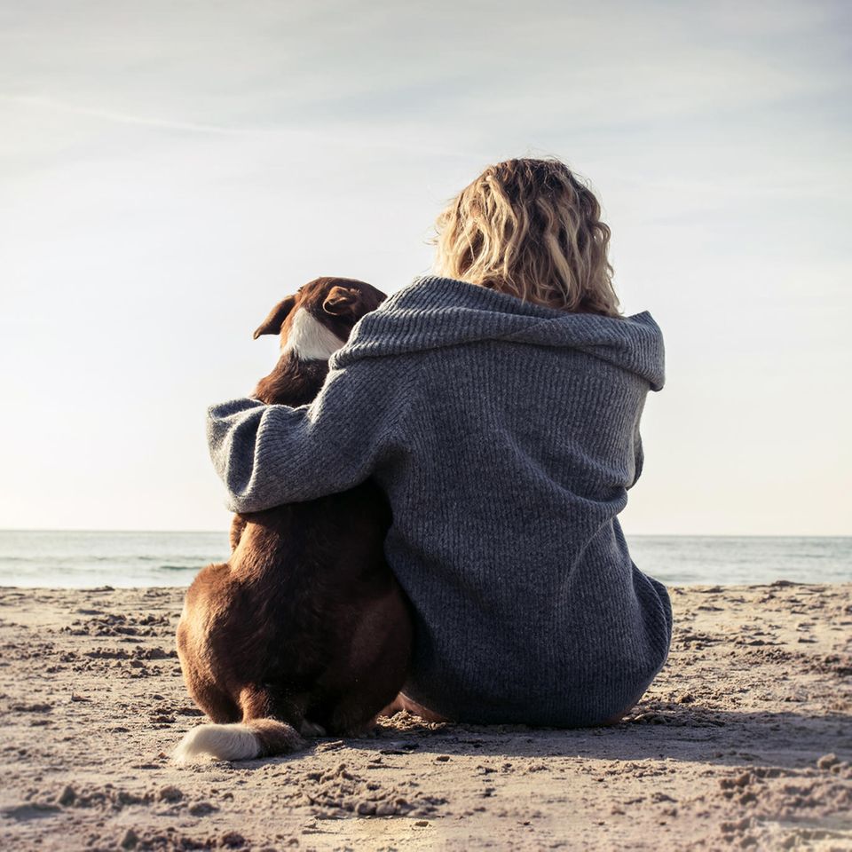 Hund und Frau sitzen am Strand