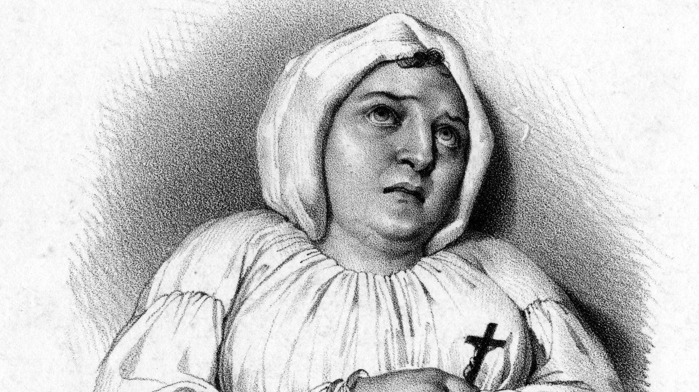 Lithografie von Marie-Madeleine de Brinvilliers mit gefesselten Händen