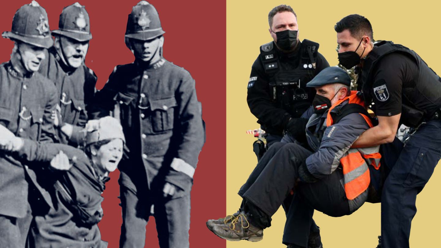 Staatsgewalt gegen Protestierende: 1913 führen Polizisten in England eine Anhängerin der Sufragetten ab (links). Rechts: Ein Klimaaktivist der "Letzten Generation" wird in Berlin von der Straße getragen