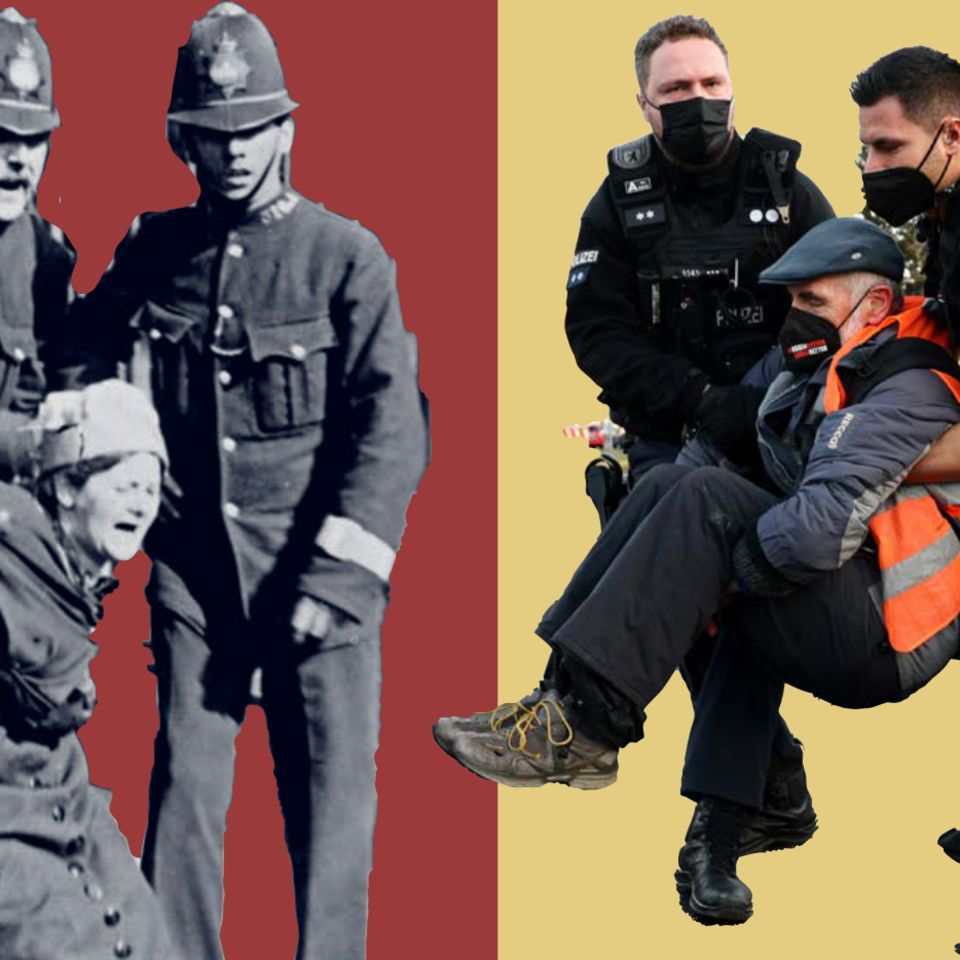 Staatsgewalt gegen Protestierende: 1913 führen Polizisten in England eine Anhängerin der Sufragetten ab (links). Rechts: Ein Klimaaktivist der "Letzten Generation" wird in Berlin von der Straße getragen