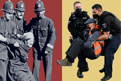 Staatsgewalt gegen Protestierende: 1913 führen Polizisten in England eine Anhängerin der Sufragetten ab (links). Rechts: Ein Klimaaktivist der "Letzten Generation" wird in Berlin von der Straße getragen