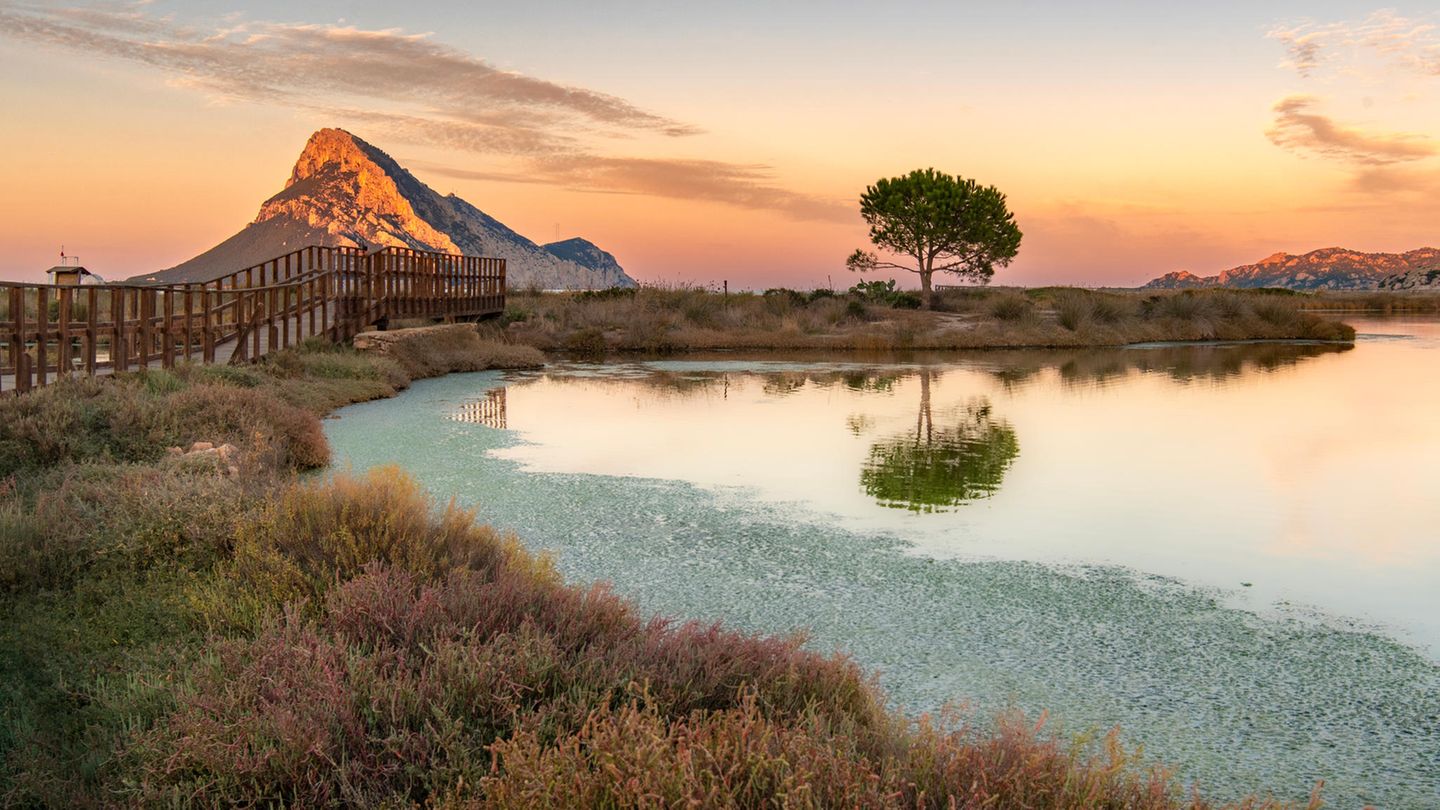 Lagune von Porto Taverna Lagune im Vordergrund, im Hintergrund ein höherer Berg, der von Abendlicht angestrahlt wird