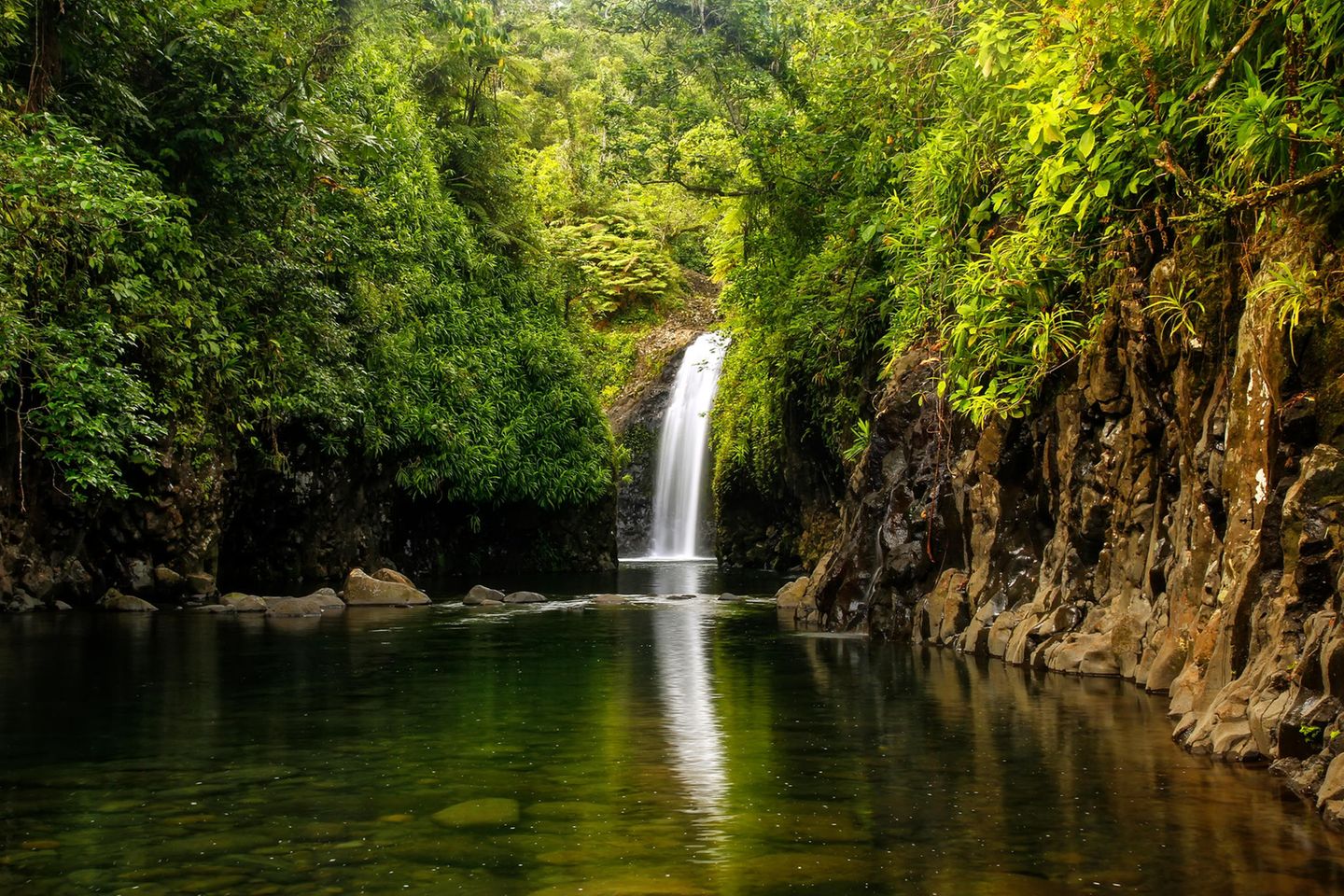 Kleiner Wasserfall in sehr grüner Umgebung