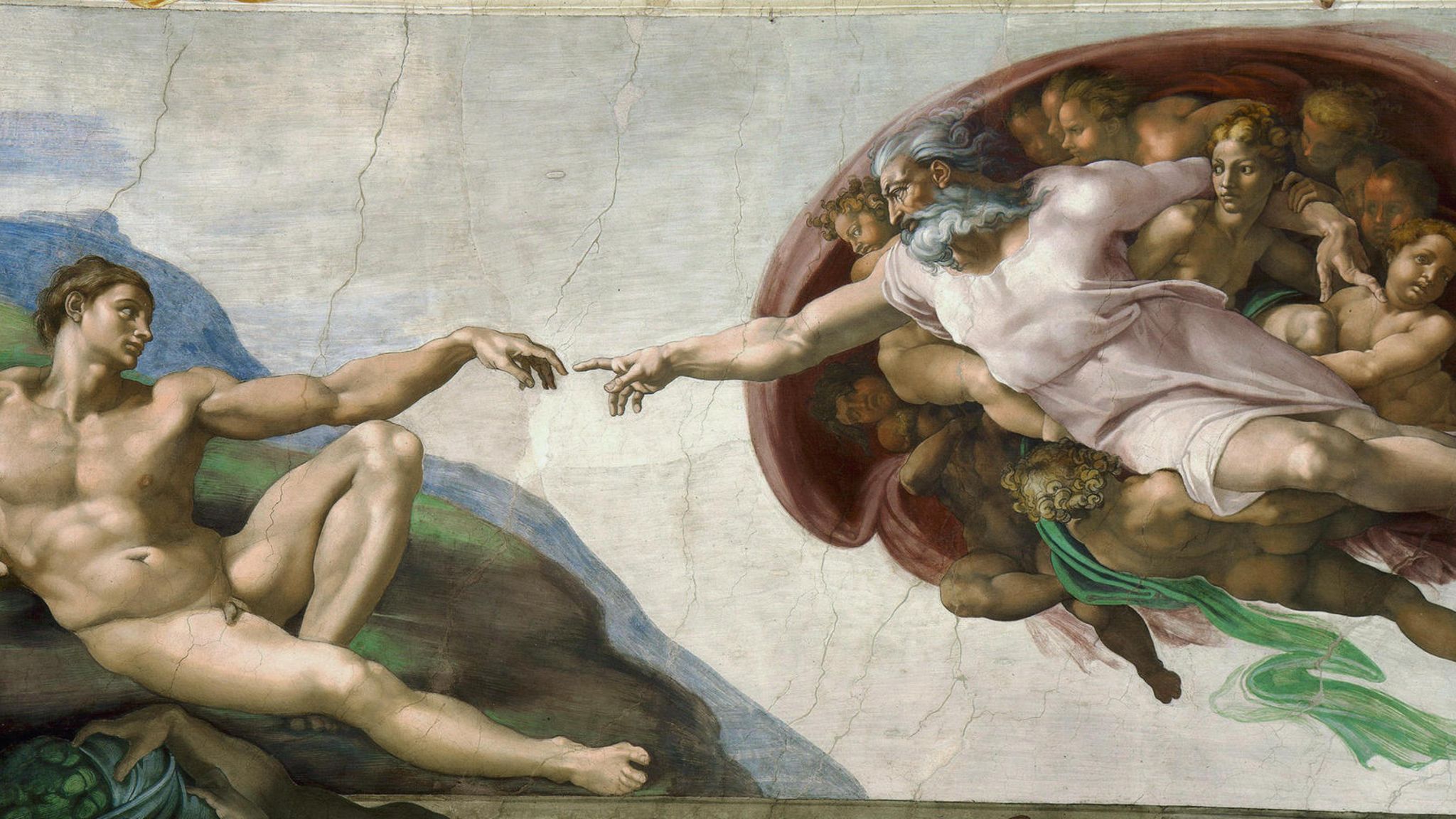 Theologie: Gott erschafft Adam: Michelangelos weltberühmtes Deckenfresko in der Sixtinischen Kapelle zeigt Gott als "Vater" – männlich und weiß Gott erschafft Adam: Michelangelos weltberühmtes Deckenfresko in der Sixtinischen Kapelle zeigt Gott als "Vater" – männlich und weiß