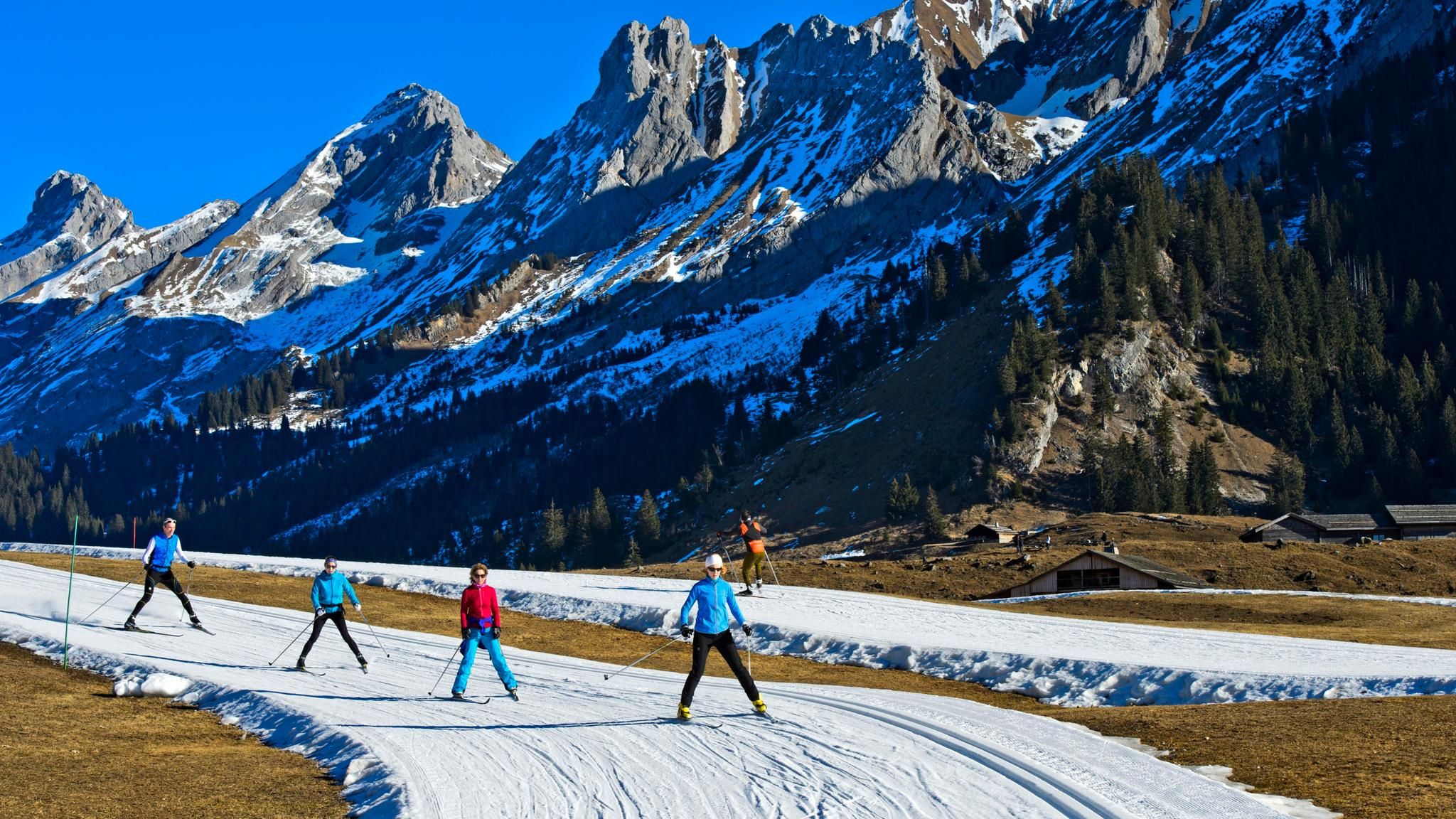 Die Gegenwart des Wintersports: Skilangläufer fahren in einem schneearmen Winter auf Kunstschnee-Loipen vor dem Massif des Aravis