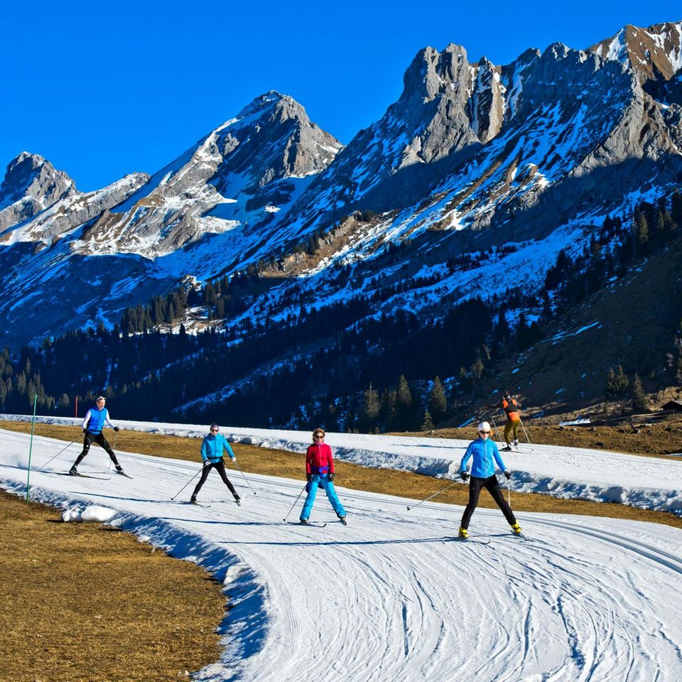 Die Gegenwart des Wintersports: Skilangläufer fahren in einem schneearmen Winter auf Kunstschnee-Loipen vor dem Massif des Aravis