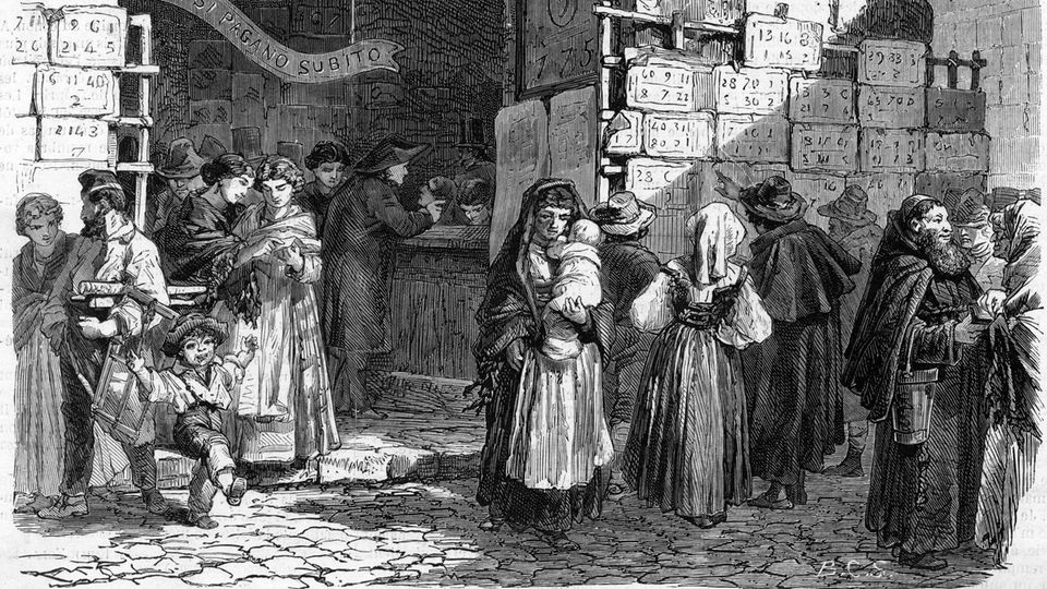 Italien ist das Ursprungsland des modernen Zahlenlottos. Die Illustration von 1867 zeigt eine Lotto-Verkaufsstelle in Rom – mit angeschlagenen Gewinnzahlen