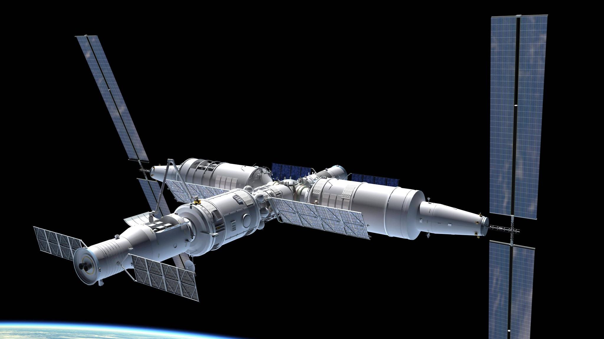 So fliegt die "Tiangong"-Station im All – das Bild ist allerdings eine Illustration. Gut zu erkennen: Anders als bei der ISS sind die drei Module um ein Kernelement gruppiert