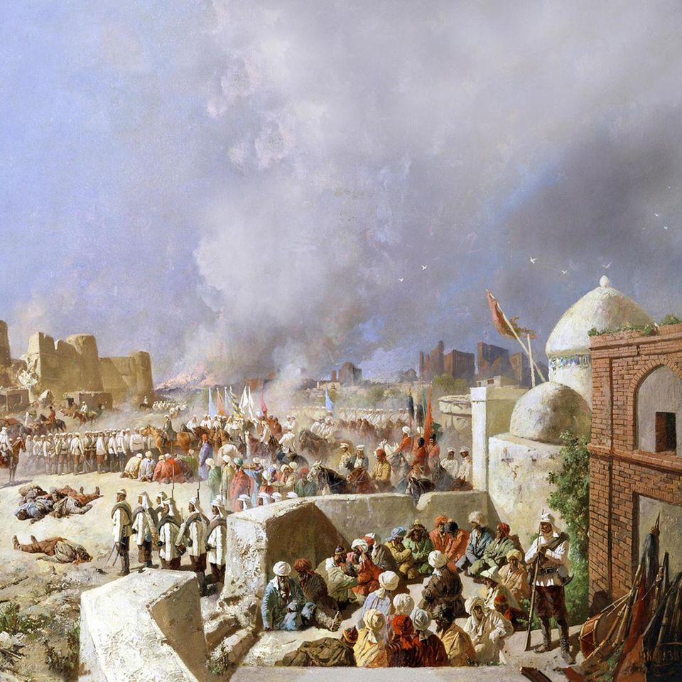 Russische Künstler halten in monumentalen Gemälden die Eroberungen fest – hier die Einnahme der alten Seidenstraßenmetropole Samarkand