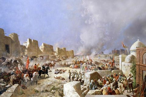 Russische Künstler halten in monumentalen Gemälden die Eroberungen fest – hier die Einnahme der alten Seidenstraßenmetropole Samarkand