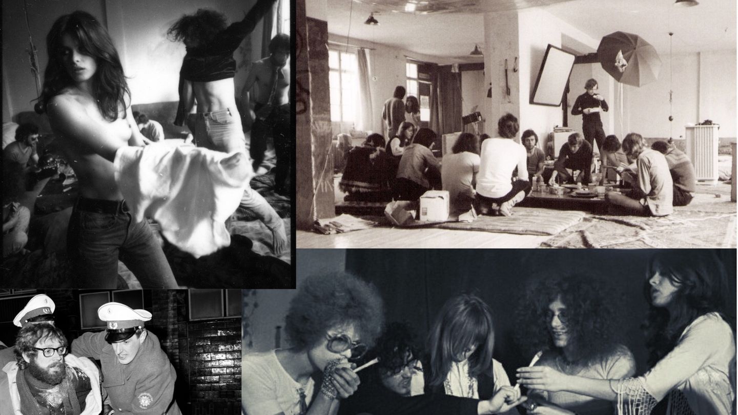 Kommune 1 Collage von Bildern mit Bewohnern, Mitgliedern, Uschi Obermaier, Rainer Langhans