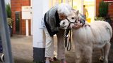 Eine Heimbewohnerin umarmt das Pony vor den Türen des Heims